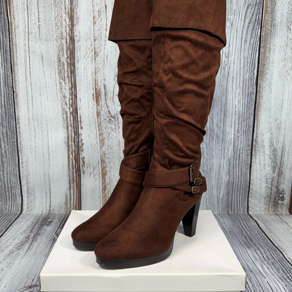 Bakers Brown Suede-like Heeled Boots with Ruched Detailing Size 10 B